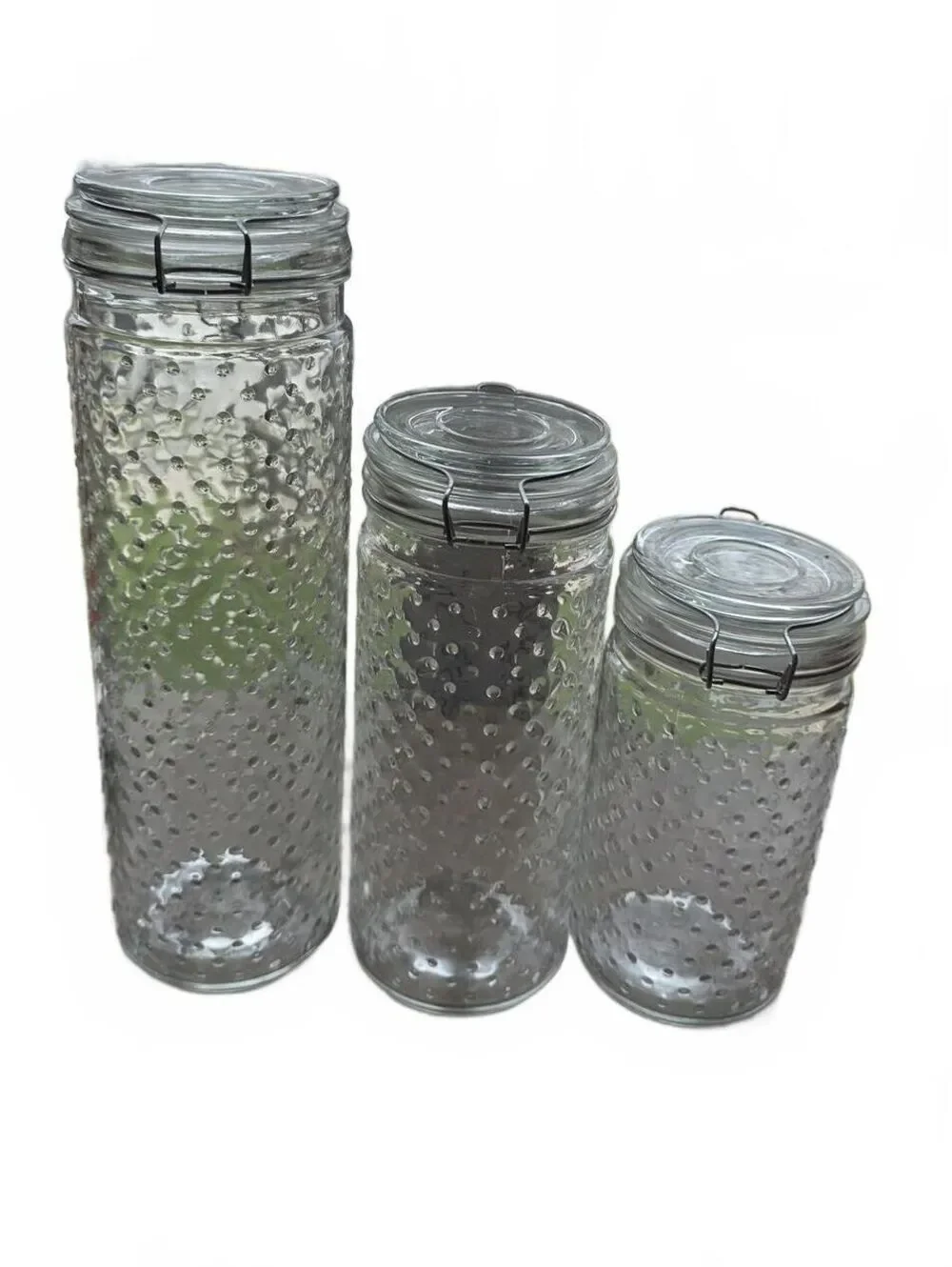 Set of 3 Clear Hobnail Glass Canisters Wire Bail Clamp Lids